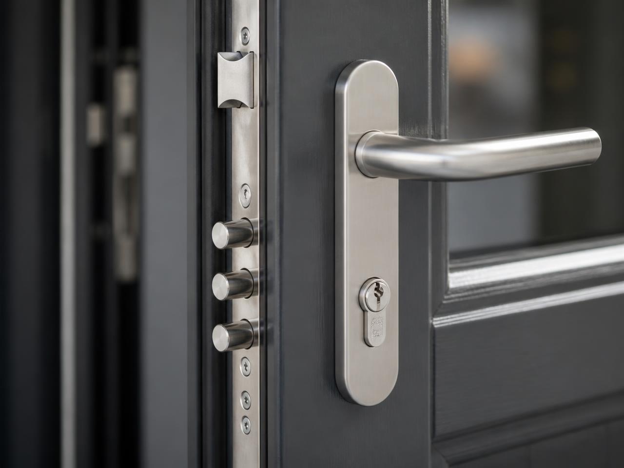 Detail of a multi-point lock and stainless-steel hardware on a PVC door