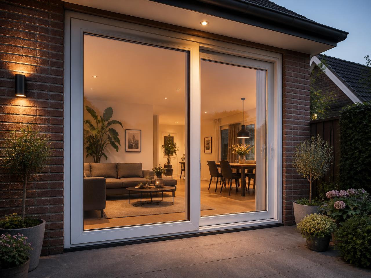 Two-panel white sliding door seen from the garden in evening light