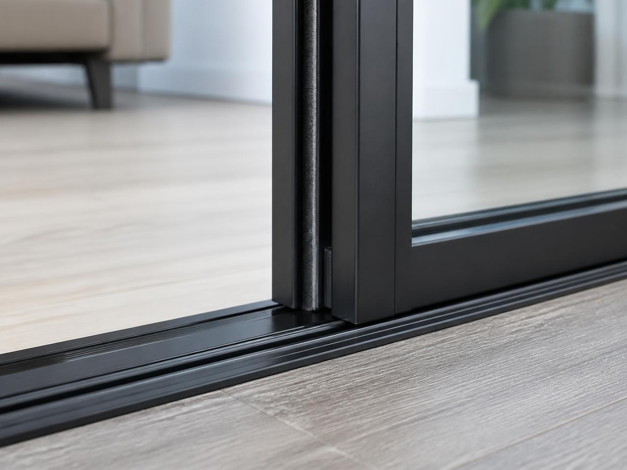 Detail of the running gear and low threshold of a PVC sliding door