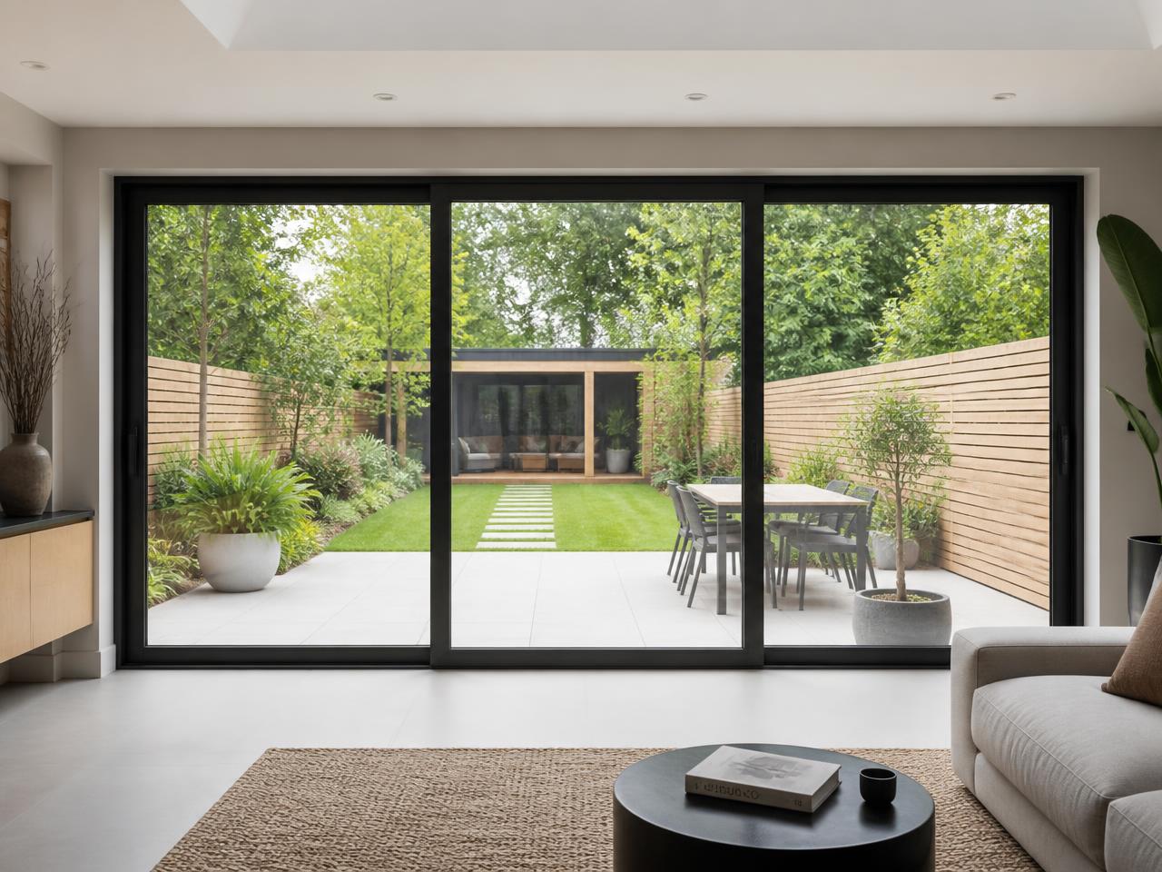 Three-panel sliding door in black with a garden view